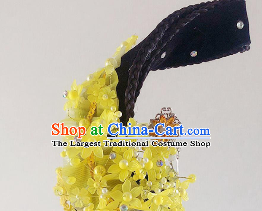 China Traditional Classical Dance Yellow Flowers Hair Accessories Handmade Beauty Dance Wigs Chignon