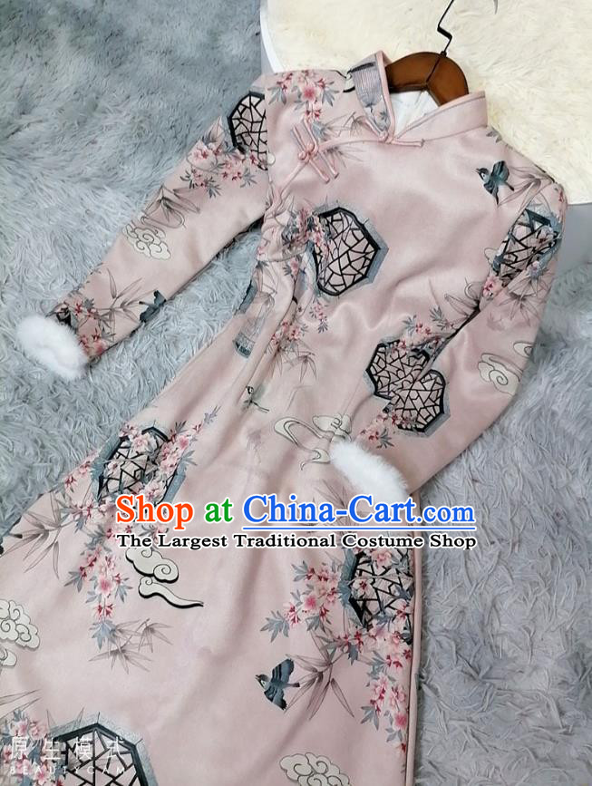 Chinese Classical Printing Plum Bamboo Pink Qipao Dress Traditional Winter Women Cheongsam