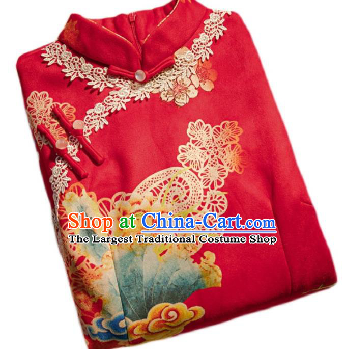 Chinese Bride Toast Clothing Classical Printing Red Qipao Dress Traditional Wedding Cheongsam
