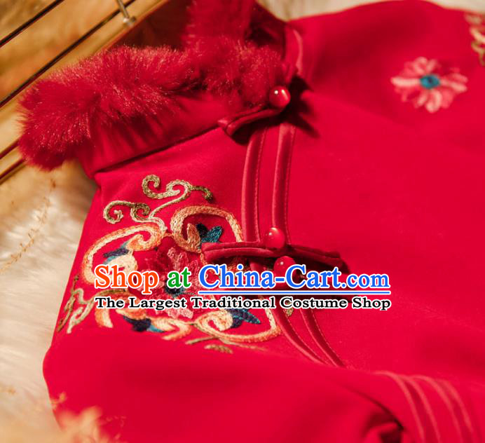 Chinese Traditional Wedding Cheongsam Bride Toast Clothing Classical Winter Red Qipao Dress