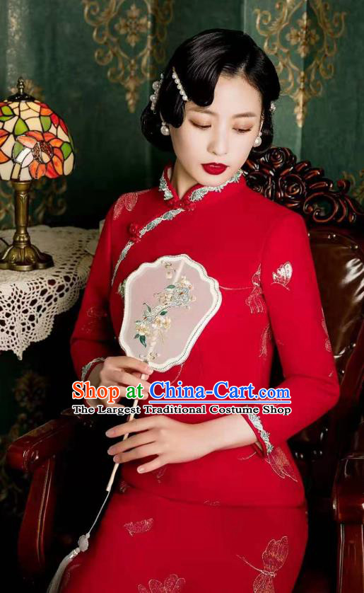 Chinese Classical Dragonfly Pattern Red Qipao Dress Traditional Wedding Cheongsam Bride Toast Clothing