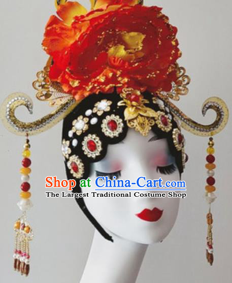 China Traditional Opening Dance Headdress Stage Performance Red Peony Hair Crown