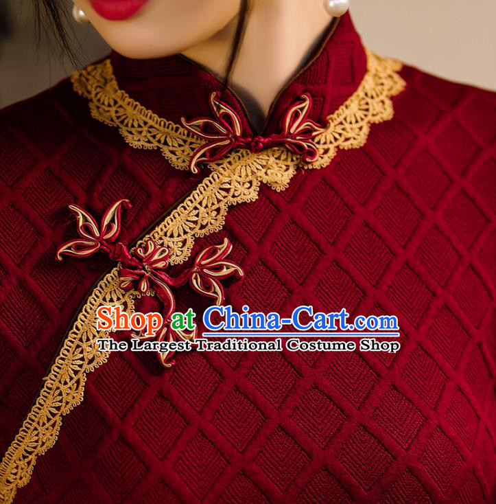 Chinese Traditional Wine Red Knitted Cheongsam Classical Wedding Women Qipao Dress