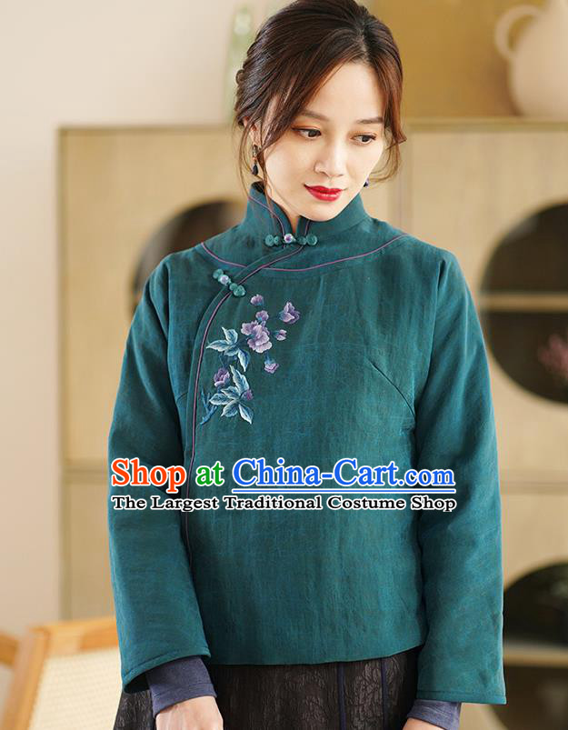 China National Green Jacket Winter Women Clothing Tang Suit Embroidered Short Coat