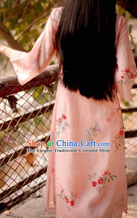 Chinese National Round Collar Qipao Dress Traditional Printing Pink Ramie Cheongsam