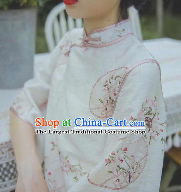 Chinese Traditional Wide Sleeve Cheongsam Clothing National Printing Beige Flax Qipao Dress