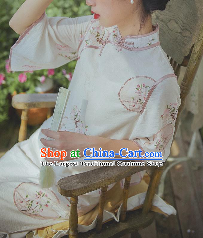 Chinese Traditional Wide Sleeve Cheongsam Clothing National Printing Beige Flax Qipao Dress