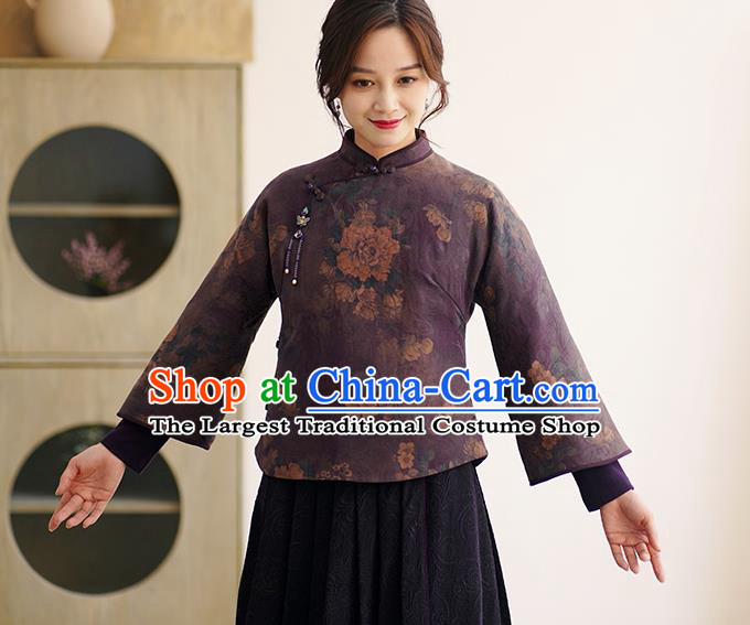 China Winter Women Clothing Tang Suit Short Coat  National Classical Peony Pattern Dark Purple Jacket