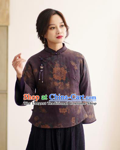 China Winter Women Clothing Tang Suit Short Coat  National Classical Peony Pattern Dark Purple Jacket