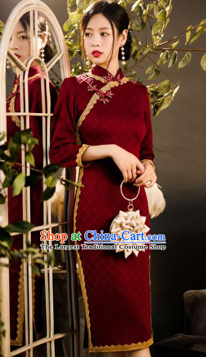 Chinese Traditional Wine Red Knitted Cheongsam Classical Wedding Women Qipao Dress