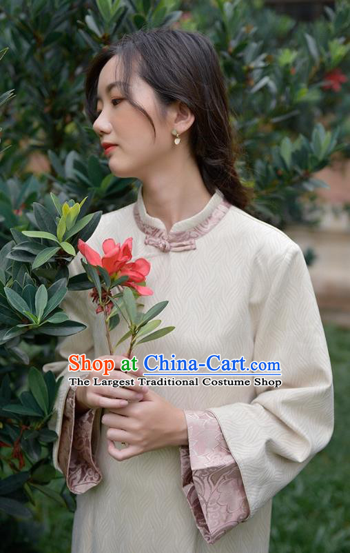 Chinese Traditional Tang Suit Cheongsam Clothing National Beige Suede Qipao Dress