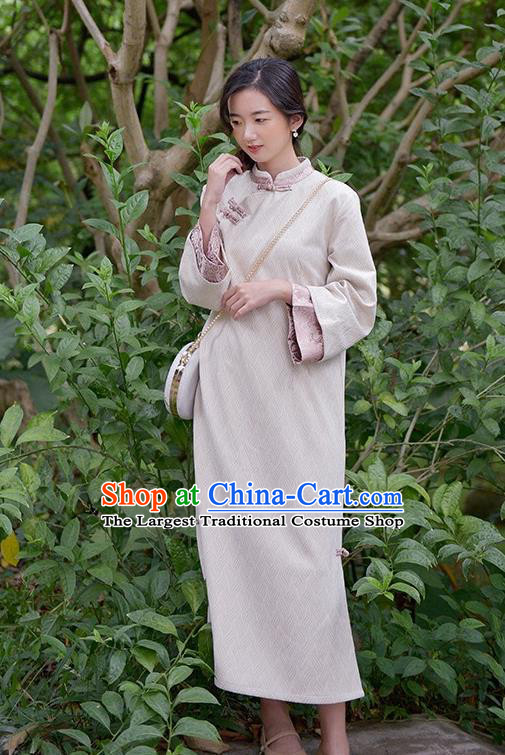 Chinese Traditional Tang Suit Cheongsam Clothing National Beige Suede Qipao Dress