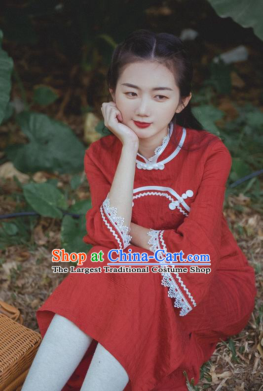 Chinese Traditional Lace Sleeve Red Cheongsam Clothing National Shanghai Young Girl Qipao Dress