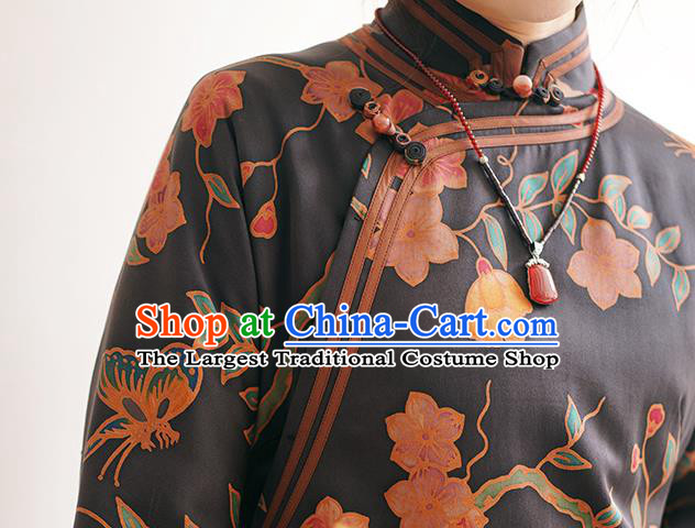 China Black Silk Qipao Dress Female Gambiered Guangdong Gauze Long Cheongsam