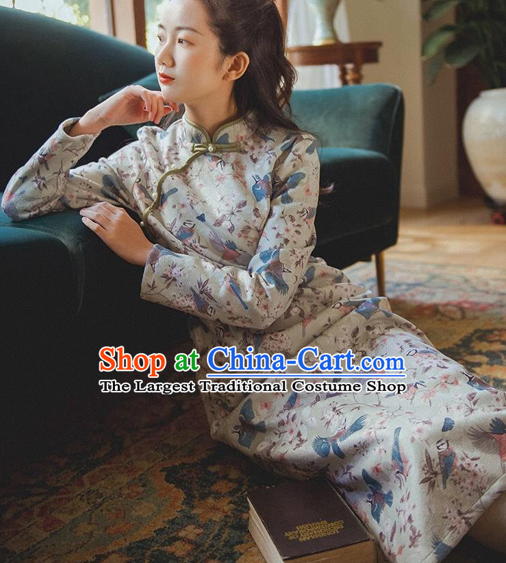 Chinese Traditional Stage Show Cheongsam Clothing National Printing Grey Qipao Dress