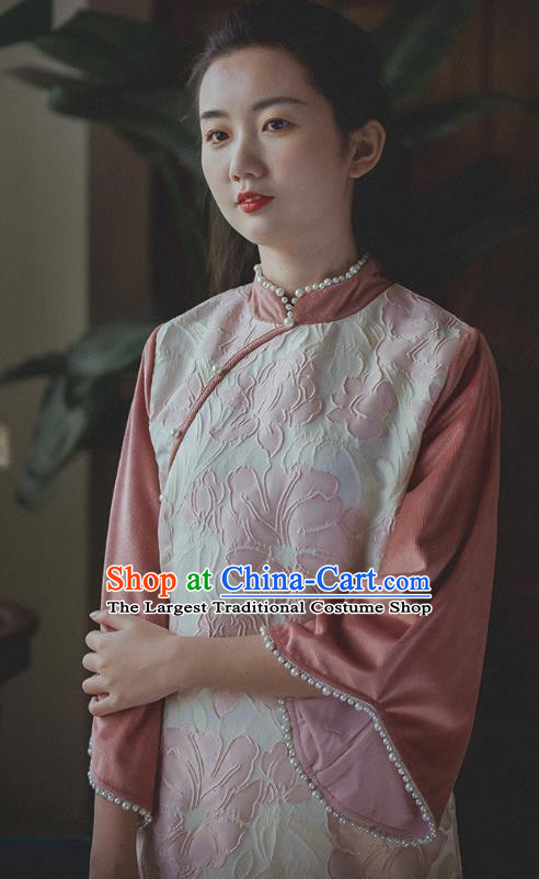 Chinese Traditional Wide Sleeve Cheongsam Clothing National Pink Corduroy Qipao Dress