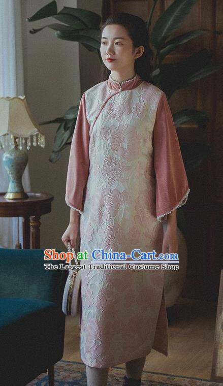 Chinese Traditional Wide Sleeve Cheongsam Clothing National Pink Corduroy Qipao Dress
