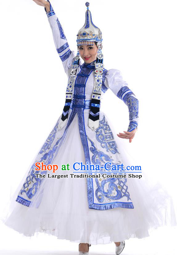 Chinese Mongol Nationality Minority Stage Performance Costumes Mongolian Ethnic Bride White Dress Outfits