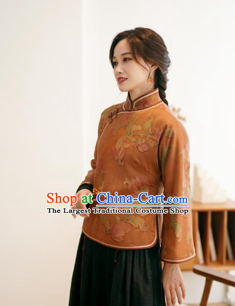China National Classical Ginger Silk Short Coat Women Jacket Clothing Tang Suit Outer Garment
