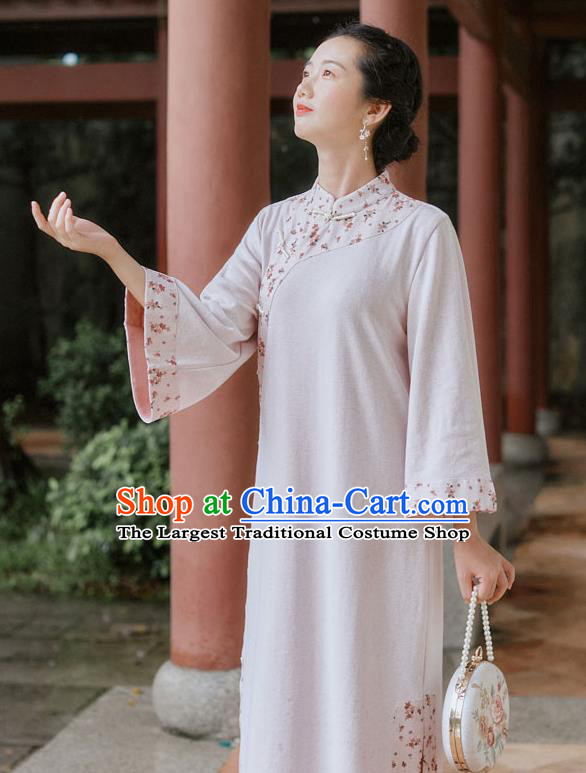 Chinese Traditional Wide Sleeve Cheongsam Clothing National Young Lady Light Pink Qipao Dress