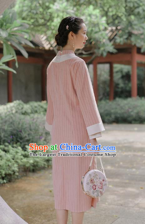 Chinese Traditional Young Lady Wide Sleeve Cheongsam Clothing National Pink Woolen Qipao Dress