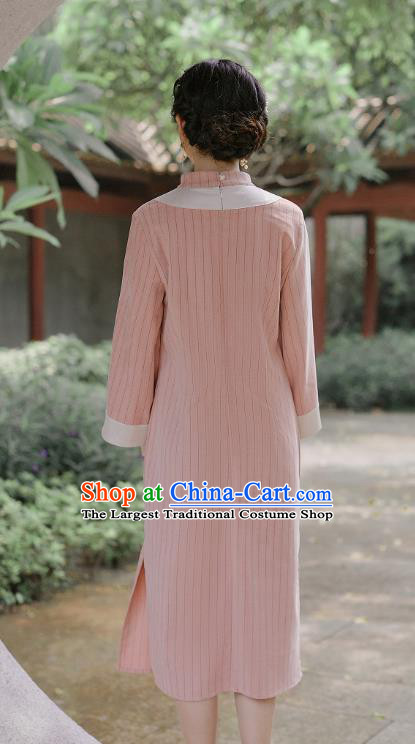 Chinese Traditional Young Lady Wide Sleeve Cheongsam Clothing National Pink Woolen Qipao Dress
