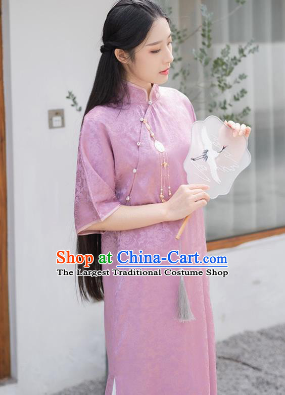 Chinese Traditional Clothing Purple Brocade Cheongsam National Young Lady Qipao Dress