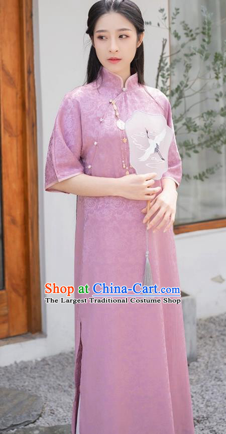 Chinese Traditional Clothing Purple Brocade Cheongsam National Young Lady Qipao Dress