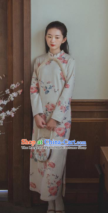 Chinese Traditional Classical Cheongsam Clothing National Printing Beige Qipao Dress