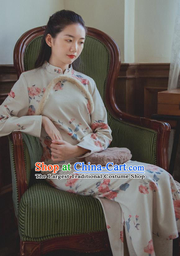 Chinese Traditional Classical Cheongsam Clothing National Printing Beige Qipao Dress