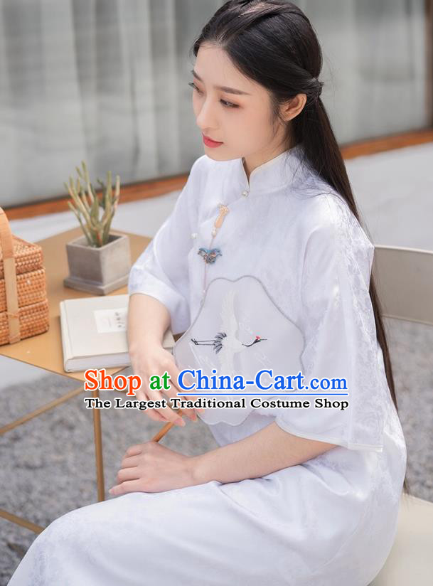 Chinese National Young Lady Qipao Dress Traditional Clothing White Brocade Cheongsam