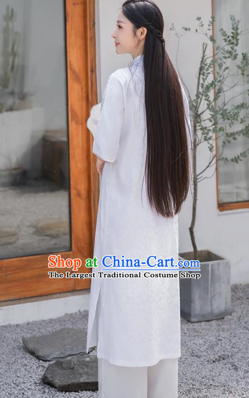 Chinese National Young Lady Qipao Dress Traditional Clothing White Brocade Cheongsam