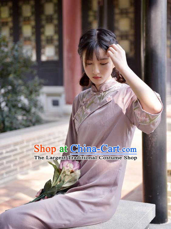 Chinese National Embroidered Qipao Dress Traditional Clothing Young Lady Pink Cheongsam