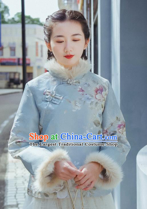 China Traditional Tang Suit Embroidered Blue Cotton Wadded Jacket Classical Cheongsam Outer Garment
