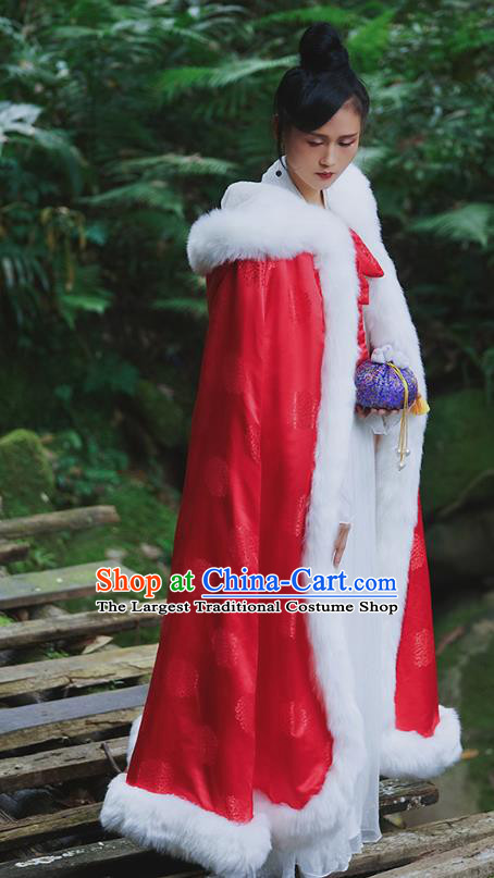 Chinese Traditional Winter Red Satin Long Cape Ancient Princess Cloak Clothing