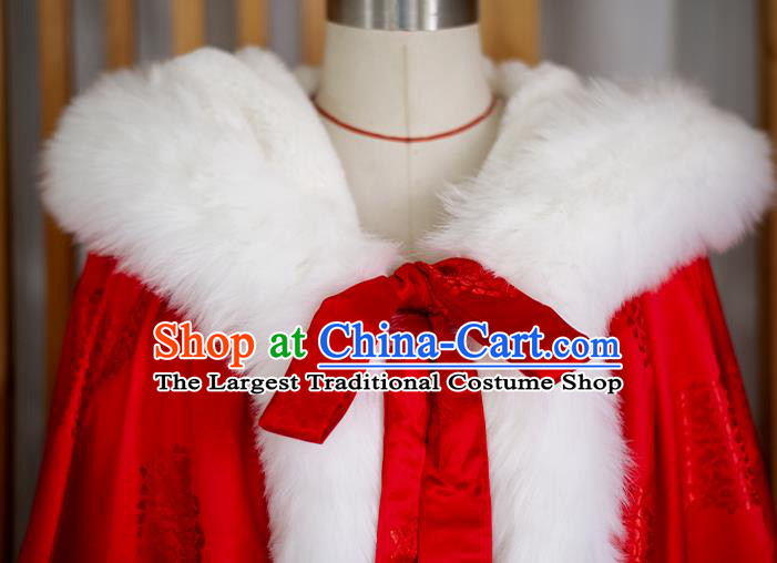 Chinese Traditional Winter Red Satin Long Cape Ancient Princess Cloak Clothing