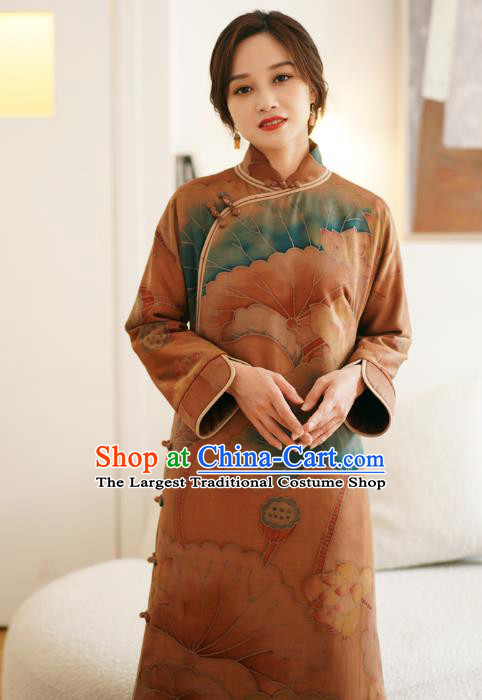 China Women Winter Silk Clothing Tang Suit Outer Garment National Hand Painting Lotus Brown Dust Coat
