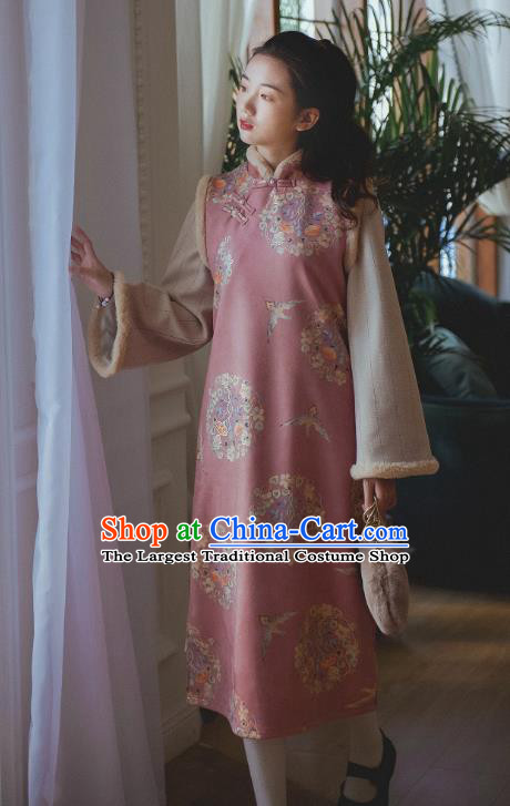 Chinese Traditional Winter Pink Woolen Cheongsam Clothing National Shanghai Lady Sleeveless Qipao Dress