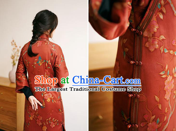 China Long Cheongsam Classical Pear Blossom Pattern Red Silk Qipao Dress