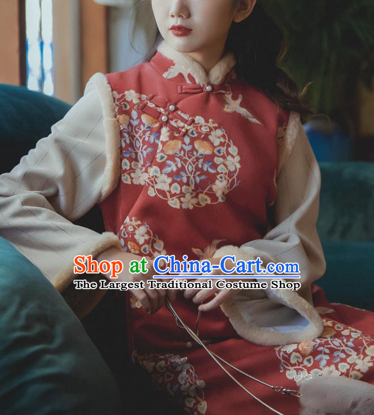 Chinese National Shanghai Lady Sleeveless Qipao Dress Traditional Winter Red Woolen Cheongsam Clothing