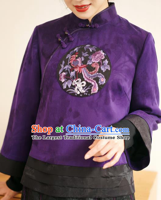 China Women Short Coat Tang Suit Outer Garment National Embroidered Phoenix Purple Silk Jacket