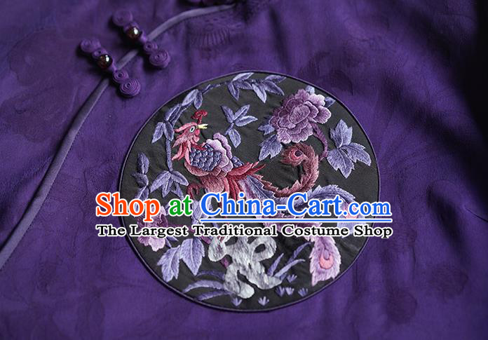 China Women Short Coat Tang Suit Outer Garment National Embroidered Phoenix Purple Silk Jacket