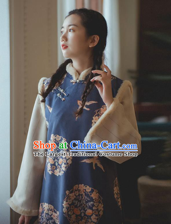 Chinese Traditional Winter Printing Blue Woolen Cheongsam Clothing National Young Lady Sleeveless Qipao Dress