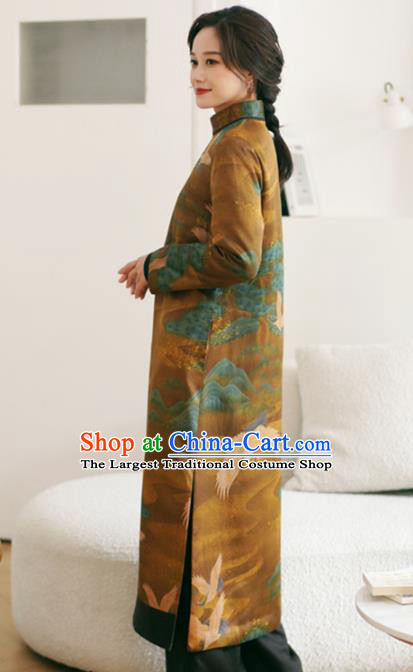 China Winter Tang Suit Outer Garment National Ginger Silk Dust Coat Women Cotton Wadded Coat