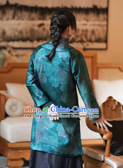 China Classical Clouds Pattern Green Silk Qipao Dress Winter Long Cheongsam