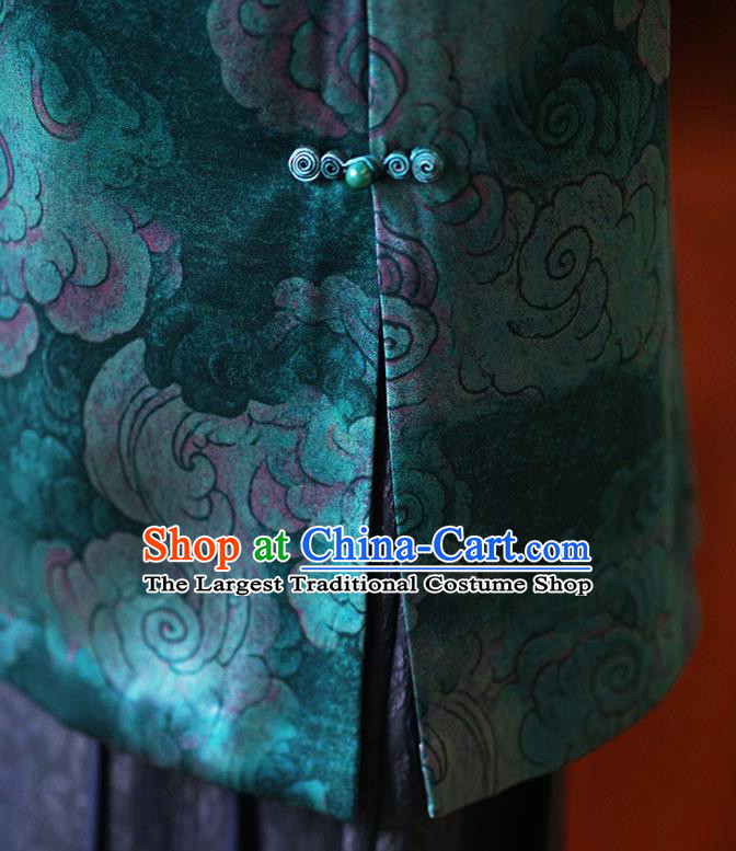 China Classical Clouds Pattern Green Silk Qipao Dress Winter Long Cheongsam
