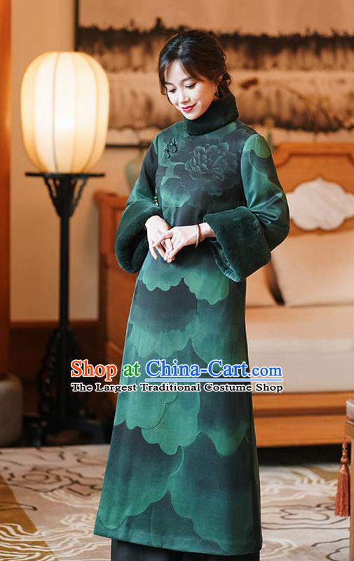 China Tang Suit Cotton Wadded Coat National Green Silk Clothing Classical Women Overcoat