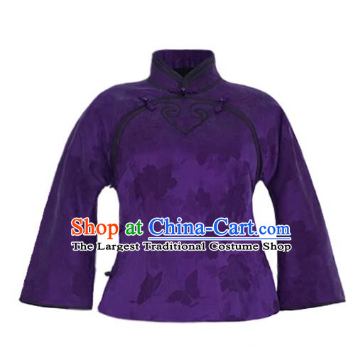 China Classical Peony Butterfly Pattern Purple Silk Jacket Tang Suit Overcoat National Cotton Wadded Coat