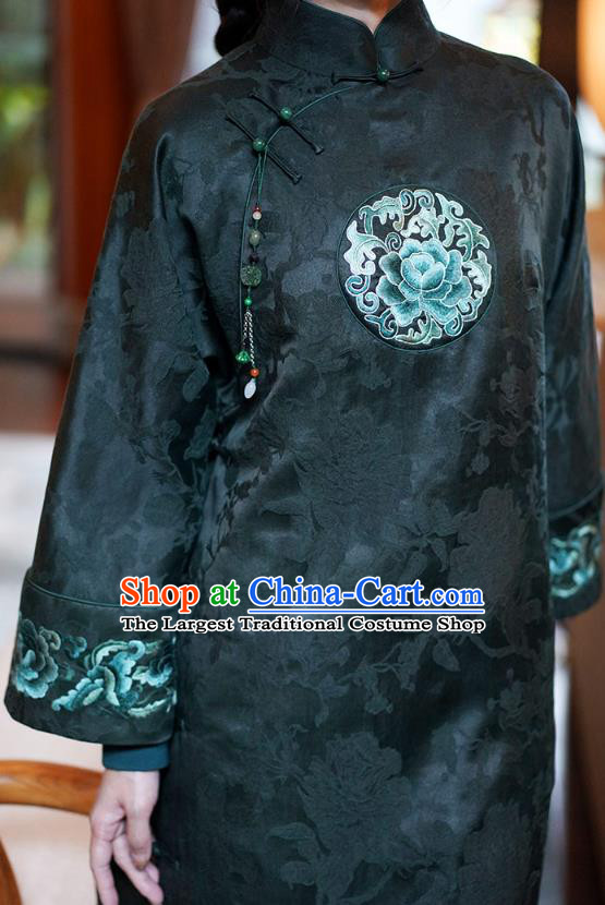 China National Cotton Wadded Coat Classical Embroidered Peony Dark Green Silk Gown Tang Suit Overcoat