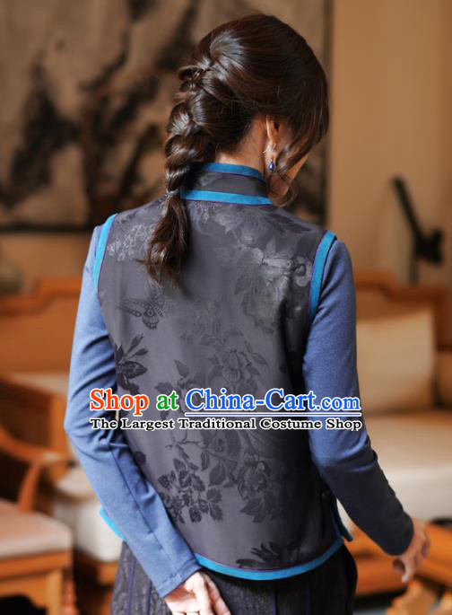 Chinese Classical Embroidered Black Silk Vest National Women Tang Suit Waistcoat Upper Outer Garment